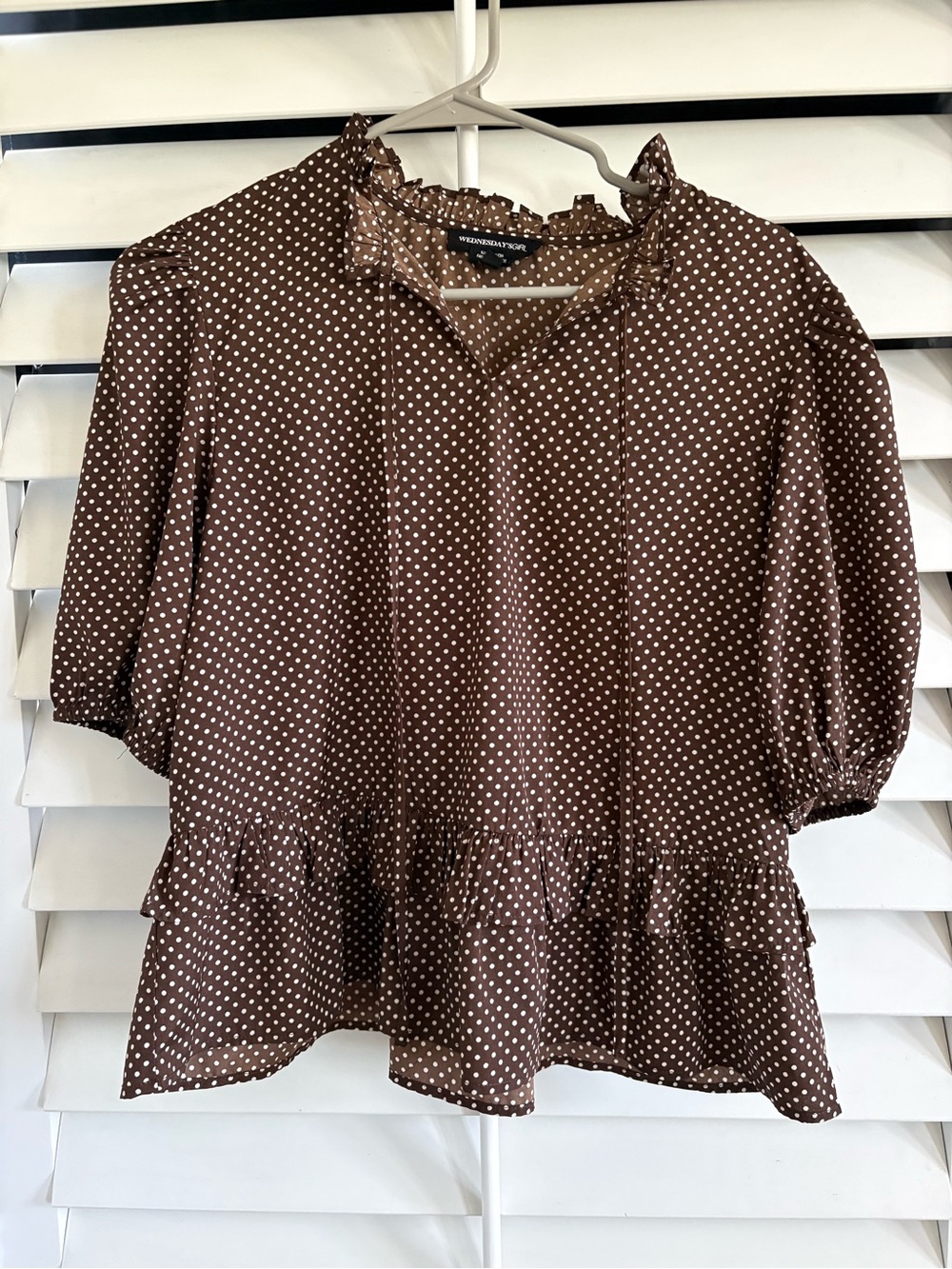 NWOT Wednesday’s Girl Brown Polka Dot Ruffle Peplum Blouse